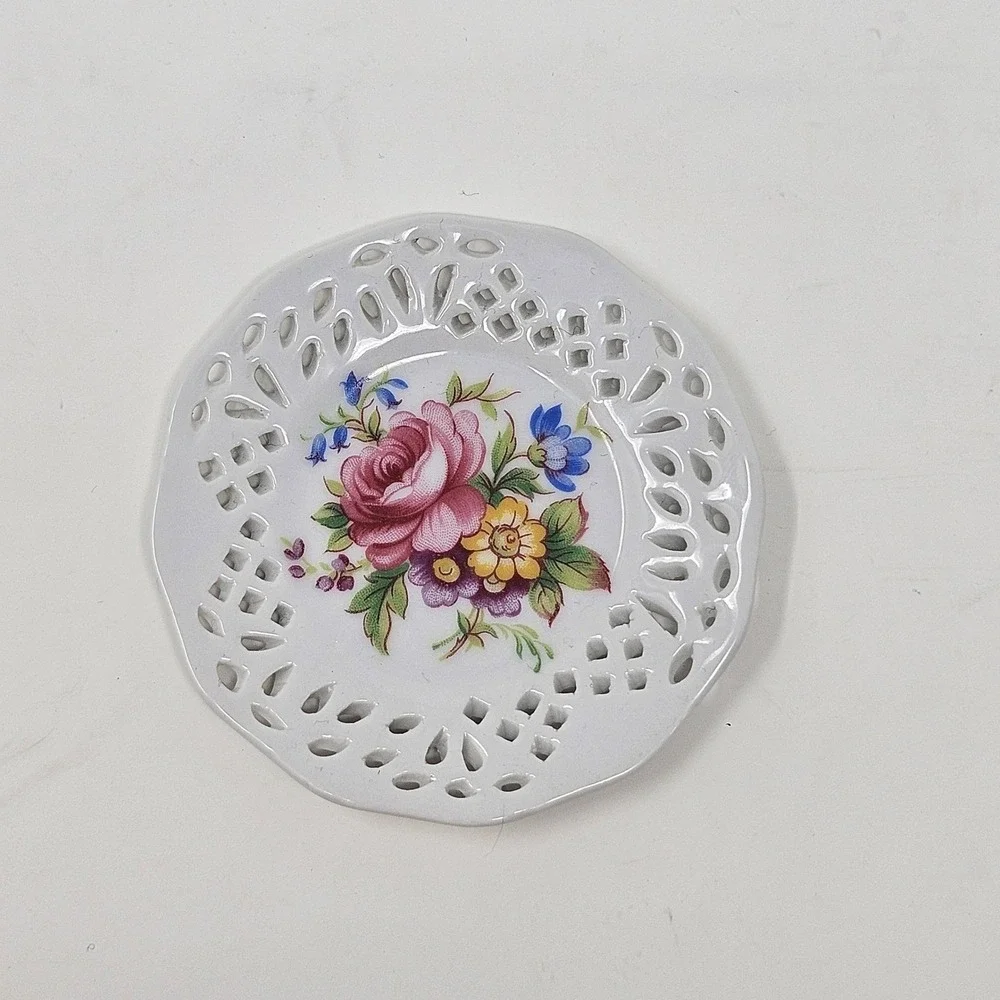 Vintage Royal Vale Reticulated Floral Miniature Plate 1960s Pierced Porcelain 3
